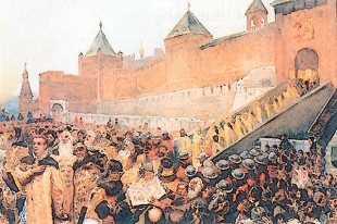 Картина «Вступление войск Лжедмитрия I в Москву» художника Клавдия Лебедева (1852-1916)