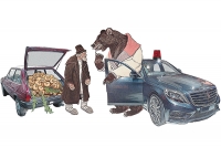 Коллаж по мотивам рисунка Евгения Рачёва «Мужик и медведь».
