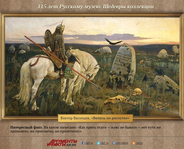 Виктор Васнецов, «Витязь на распутье»<br>
Интересный факт. Художник рассказал, что написано на камне, в одном из писем к критику. «На камне написано: «Как пряму ехати — живу не бывати — нет пути ни прохожему, ни проезжему, ни пролетному»»