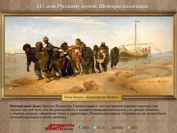 Илья Репин, «Бурлаки на Волге»
<br>Интересный факт. Критик Владимир Стасов говорил, что последний вариант картины уже сделан «не для того, что бы разжалобить и вызвать гражданские вздохи», а с целью показать в первую очередь «виденные типы и характеры».