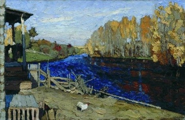 Лес, точно терем расписной,
Лиловый, золотой, багряный,
Веселой, пестрою стеной
Стоит над светлою поляной.
Березы желтою резьбой
Блестят в лазури голубой,
Как вышки, елочки темнеют,
А между кленами синеют
То там, то здесь в листве сквозной
Пр