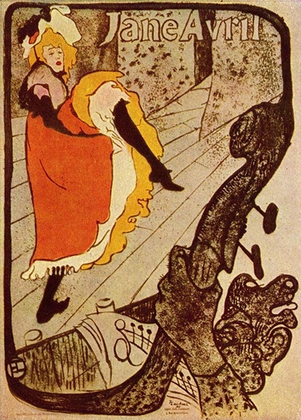 Знаменитая танцовщица канкана Жанна Авриль, афиша Анри де Тулуз-Лотрека, 1893 год. Она была самоучкой и никогда не брала уроков танца. Наряду с Ла Гулю является одной из главных звёзд «Мулен Руж».