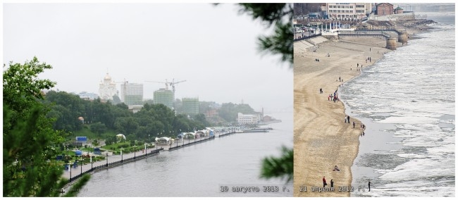 На этом фото вы можете сравнить как берег Хабаровска выглядел до наводнения.
