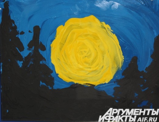 На синем фоне. Луна. Январь 2012. Рисунок выполнен пальцами руки