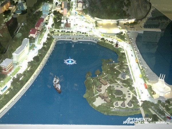 Панорама будущего центра города... с плавучим фонтаном посреди озера