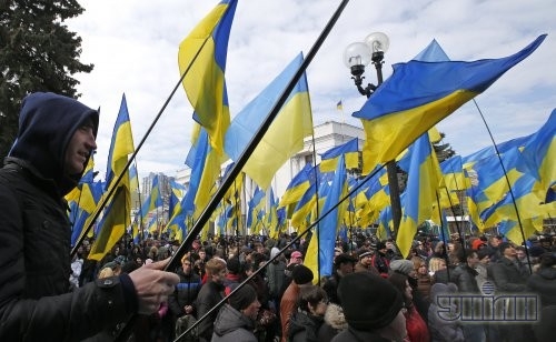 Сторонники власти держат флаги Украины