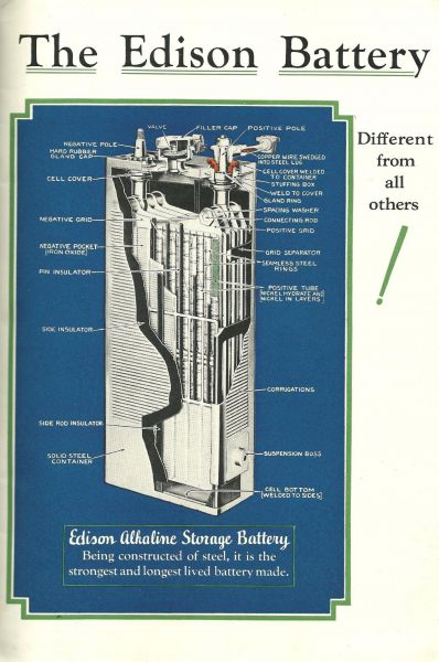 Знаменитый изобретатель также приложил руку к изобретению аккумуляторов – батарей с возможностью многократной зарядки. В конце XIX века никель-кадмиевый аккумулятор изобрёл швед Вальдемар Юнгнер, но пока они не дошли до США популярностью пользовались железо-никелевые батареи Эдисона. Например, они устанавливались на электромобиль Detroit Electric.