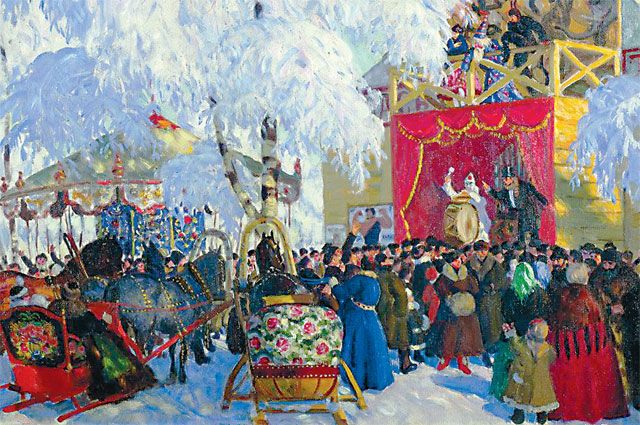 Картина Бориса Кустодиева «Балаганы». 1917 год.