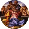 В этой работе Микеланджело изобразил Святое семейство — Деву Марию с младенцем Иисусом Христом и супругом Иосифом Обручником. В этой картине, по замыслу художника, должен был найти подтверждение тезис о том, что «совершенная живопись напоминает скульптуру».