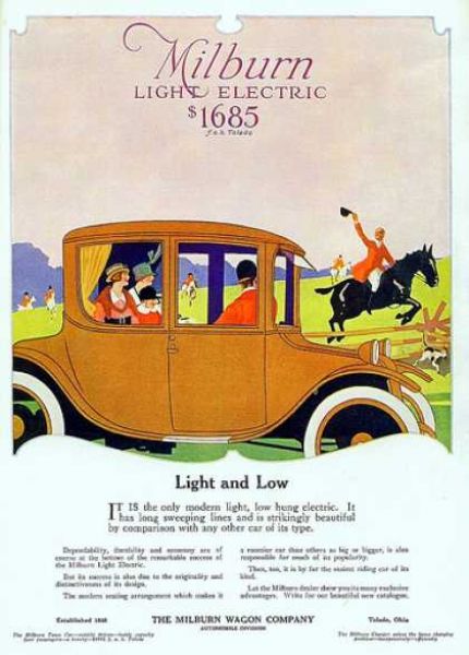 Реклама автомобиля Milburn Light Electric, 1917 год.
