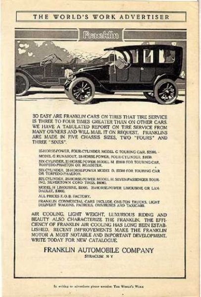 «Автомобилями «Франклин» пользоваться очень просто вместе с шинами из нашего сервиса. Мы ведём официальную отчётность шиномонтажа, составленную по отзывам многих владельцев, и мы вышлем её по почте по Вашему запросу». Реклама автомобильной компании «Франклин», 1907 год.