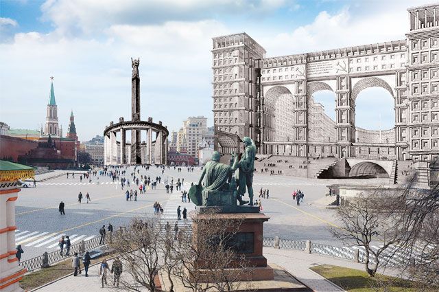 Во всех вариантах «улучшения» главной площади страны Кремль терялся на фоне новостроек.