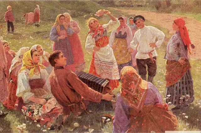 На Красную горку девушки и молодые женщины водили хороводы и устраивали разнообразные игры и пляски. Картина Ф. В. Сычкова «Танец».