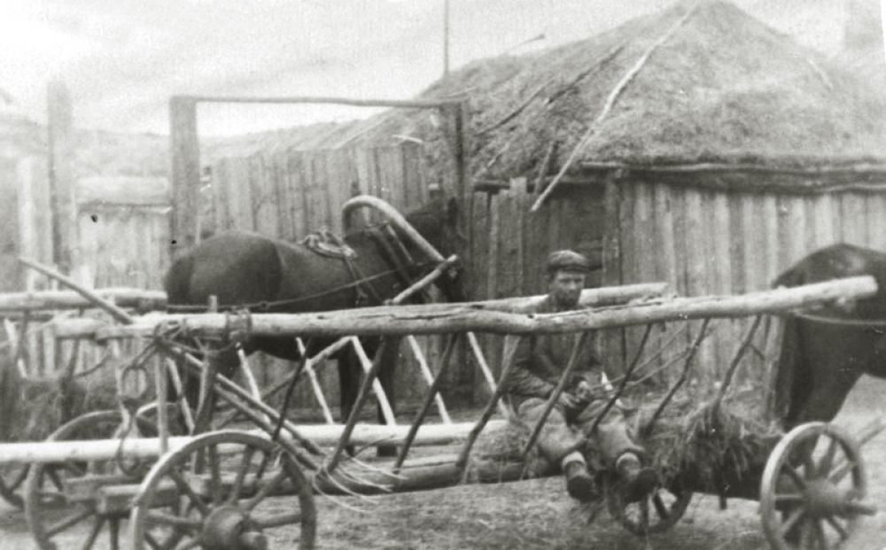 Колхозник на телеге и при лошади.