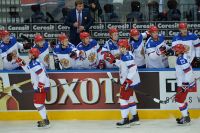 Игроки сборной России в четвертьфинальном матче чемпионата мира по хоккею 2014 с командой Франции.