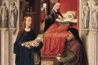 «Наречение Иоанна Крестителя» (картина Рогира ван дер Вейдена. Разрешившаяся от бремени Елизавета лежит в кровати, на переднем плане Захария пишет имя сына)