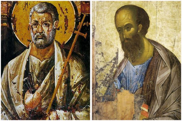 Апостол Пётр на иконе VI века и апостол Павел на работе 1410 года Андрея Рублёва.