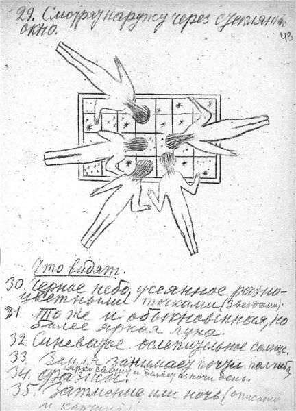 Записи и рисунки Циолковского. На рисунке космонавты смотрят в стеклянное окно - в иллюминатор.