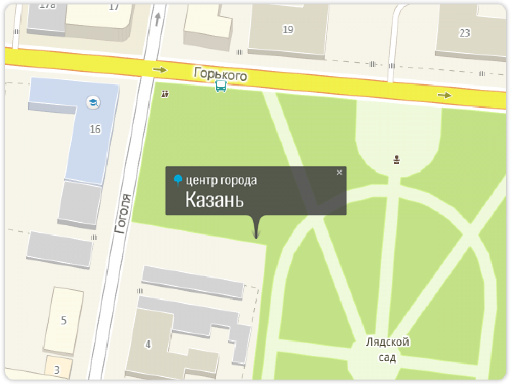 Казань может побороться за звание культурной столицы России, ведь ее географический центр располагается в саду у здания Государственного симфонического оркестра Республики Татарстан (ул. Гоголя, 4). Рядом находятся театральное училище и дом актера.