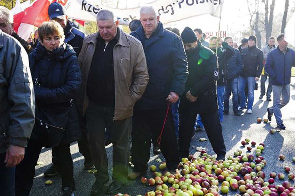 Сотни польских фермеров прошли маршем по Варшаве в знак протеста против запрета России на ввоз польских овощей и фруктов. Аграрии требовали компенсировать им убытки от введенного Россией продуктового эмбарго. Чтобы их восприняли всерьез, фермеры зачем-то разбросали на улицах Варшавы яблоки.