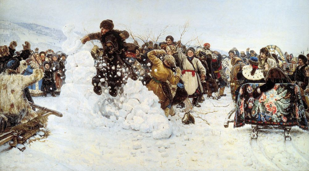 После смерти жены в 1888 году Суриков с двумя дочерьми уехал на год в Красноярск. Здесь художник работал над картиной, изображающей старинную русскую игру, которая была частью масленичных гуляний - «Взятие снежного городка»(1891). Через 9 лет после написания полотно получило именную медаль на выставке в Париже.