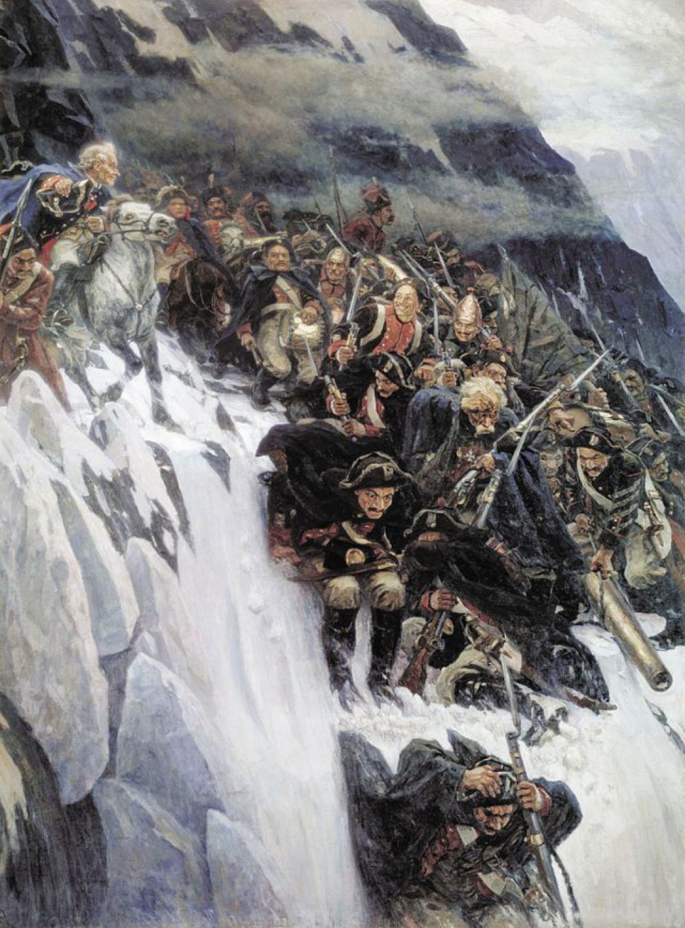 Четыре года длилась работа Сурикова над историческим полотном «Переход Суворова через Альпы» (1899). За время работы над картиной Суриков посетил Швейцарию, где написал часть этюдов для полотна. Картина была закончена в год столетия итальянского похода Суворова и сразу приобретена Николаем II.