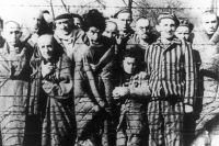 Заключенные концлагеря Освенцим смотрят в объектив из-за колючей проволоки. Январь 1945 год.