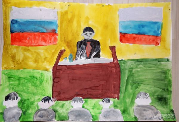 Работа настоящего чиновника заключается в постоянных выступлениях. Это на своем рисунке и изобразил Матвей Балло (8 лет).