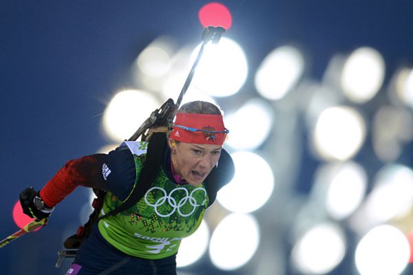 Ольга Зайцева на дистанции гонки преследования на XXII зимних Олимпийских играх в Сочи.2014 год.