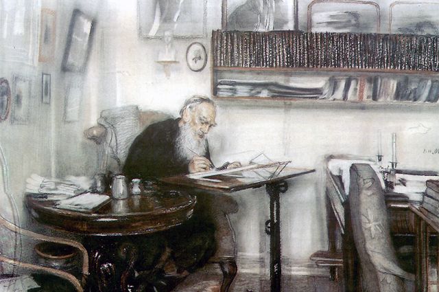 В. Н. Мешков. Л. Н. Толстой за работой в библиотеке в Ясной поляне.