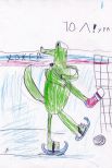 Талисман: «Крокодил». Автор талисмана:Тимур Богданов. Описание идеи: Крокодил играл в хоккей и забил гол. Крокодил игрок России.