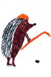 Талисман: «Ёжик Вася». Автор талисмана: Славина Эвелина Вадимовна. Описание идеи: Это мое любимое животное. Он на коньках, потому что на льду. Он держит клюшку и хочет забить шайбу. Ему нужен шлем, чтобы он не повредил голову.