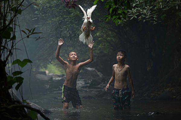 Сара Воутерс заняла пятое место в фотоконкурсе National Geographic с фотоснимком, на котором два мальчика в Таиланде пытаются поймать утку 