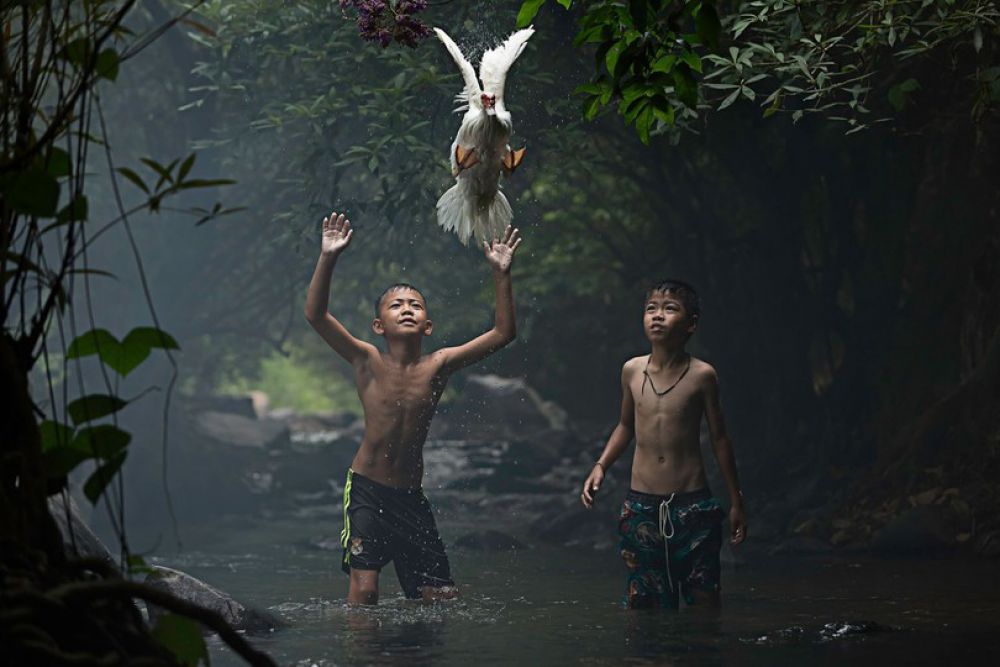 Сара Воутерс заняла пятое место в фотоконкурсе National Geographic с фотоснимком, на котором два мальчика в Таиланде пытаются поймать утку