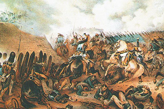 Французская атака на батарею Раевского в момент гибели графа Коленкура. Литография Альбрехта Адама