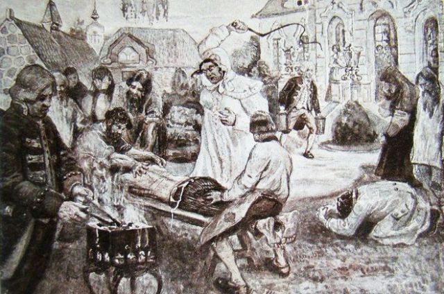 Иллюстрация работы Курдюмова к энциклопедическому изданию «Великая реформа» на которой изображены истязания Салтычихи «по возможности в мягких тонах».