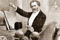 Верди дирижирует оркестром на премьере «Аиды» в Париже. Рисунок Адриена Мари (1881 г.) 