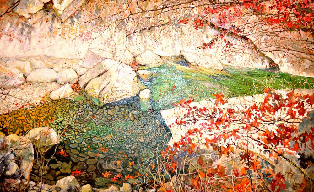 Классический сюжет - горы, вода, ветки деревьев.