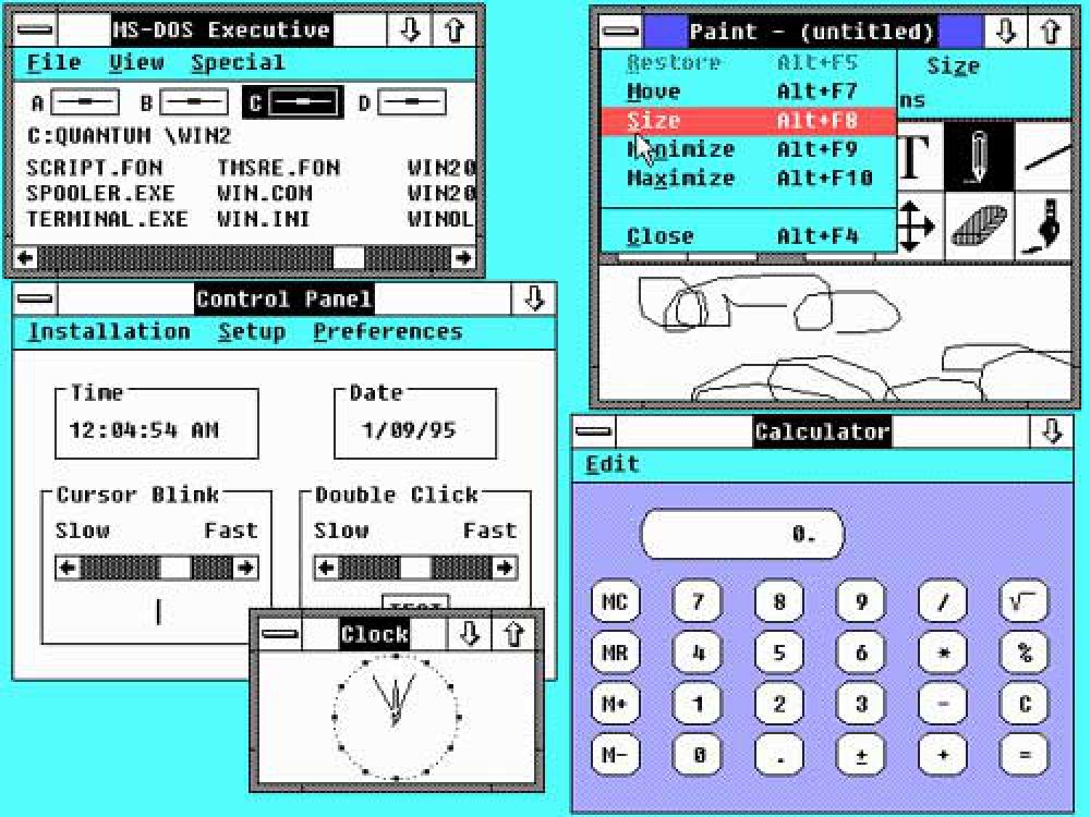 Поколение Windows 2.х было выпущено в 1987 году. Версия 2.0 содержала те же самые приложения, что и Windows 1.0, но с улучшенными элементами управления и поддержкой графического режима. Пользователи могли свободно изменять размер окон и перемещать их в любую область экрана, а также перекрывать одно другим. Позднее вышло обновление 2.1, предназначенное для работы с процессором Intel 386.