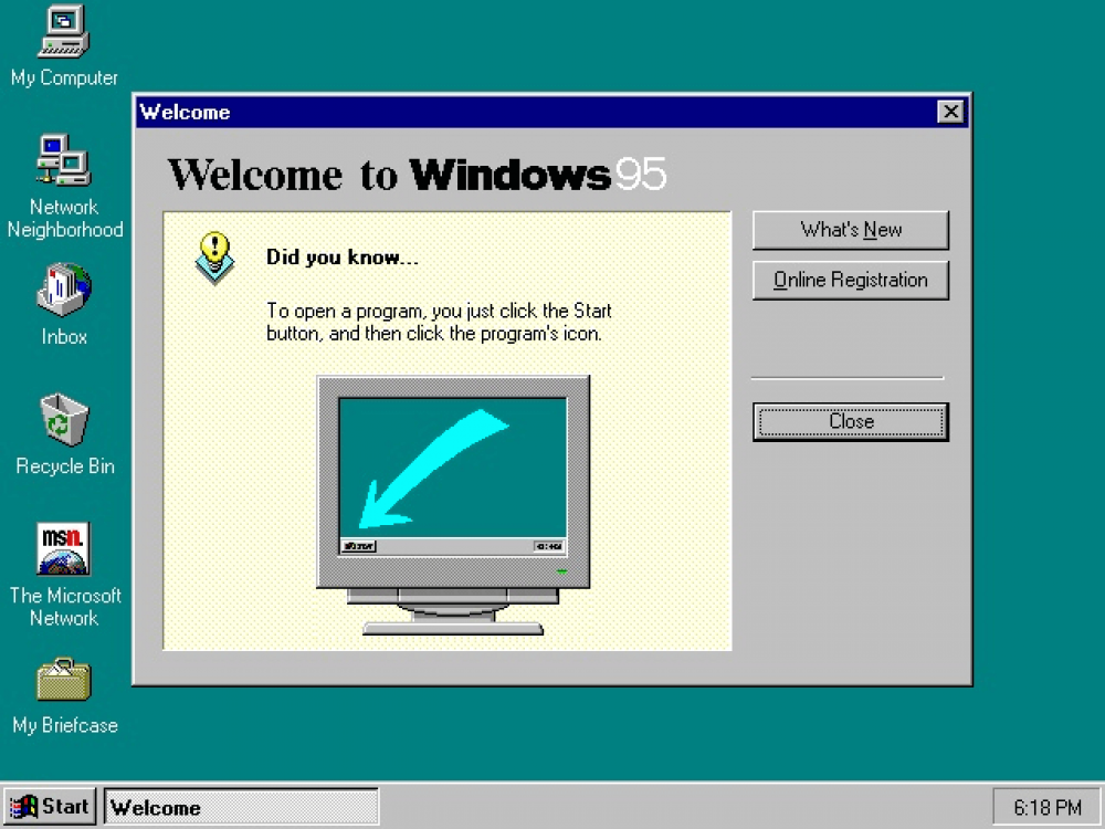 Первая система семейства 9.х, Windows 95, была выпущена в 1995 году. В ней появились такие элементы графического интерфейса, как рабочий стол со значками, панель задач и меню «Пуск».