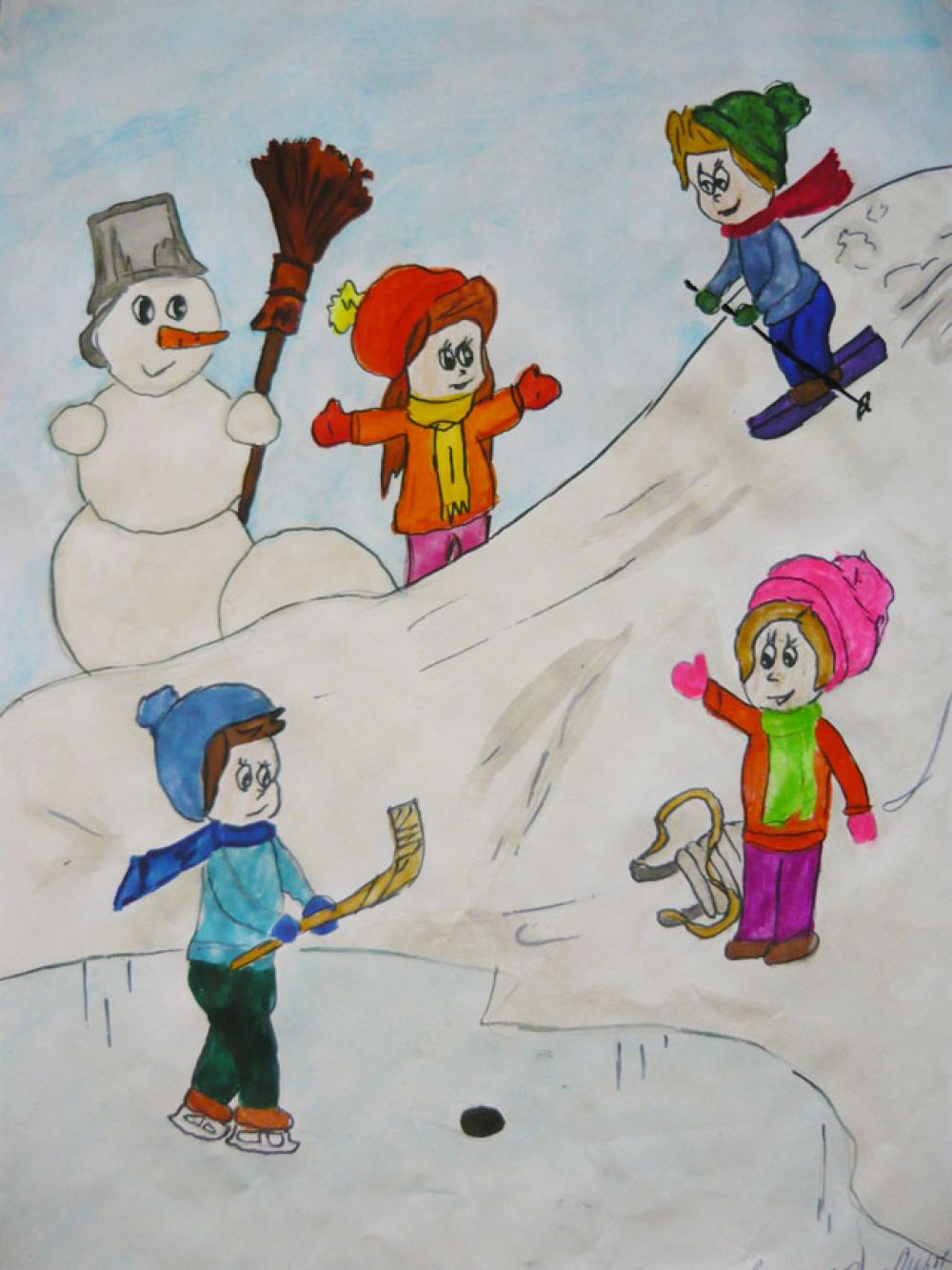 Участник №20.  Ещенко Елизавета, 5 лет: Во дворе стоит гора. Мы катаемся с утра. Снеговик-бедняжка злится, Что не может прокатиться.