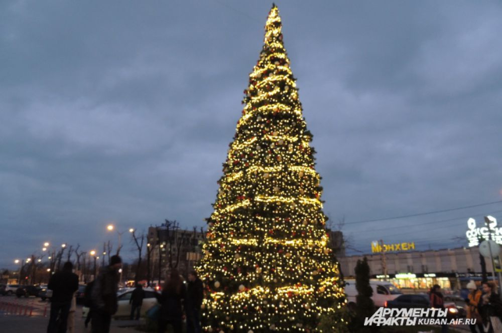 Вся переливающаяся огнями новогодняя ель у дверей одного из торговых центров Краснодара.