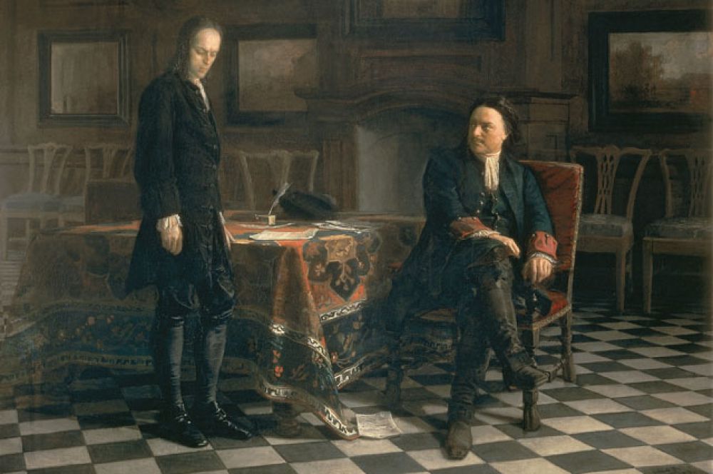 «Пётр I допрашивает царевича Алексея Петровича в Петергофе». 1871