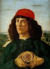 В это время Боттичелли становится известным и как портретист. Наиболее значительны «Портрет неизвестного с медалью Козимо Медичи» (1474—1475, на фото), портреты Джулиано Медичи и флорентийских дам.