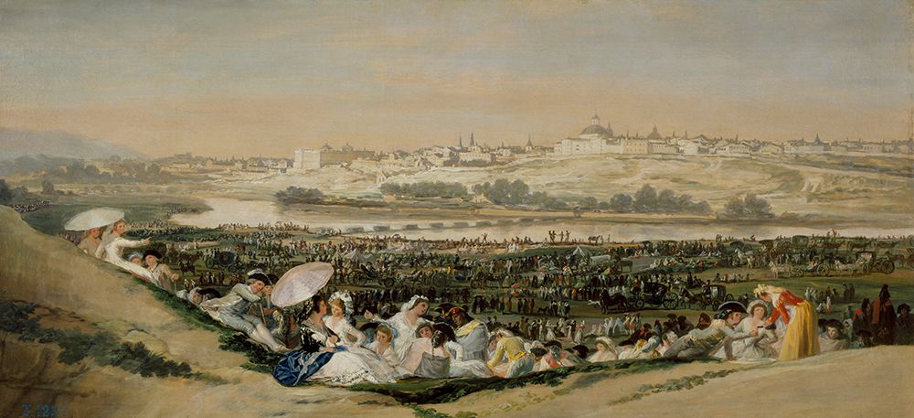 «Луг у Сан-Исидро», 1788 г. На полотне Гойя изобразил празднование Дня святого Исидора на правом берегу р. Мансанарес в Мадриде. В этом же районе Гойя приобрёл через 10 лет «Дом Глухого». В написании картины художник выступил как пейзажист, минитюарист и колорист одновременно.