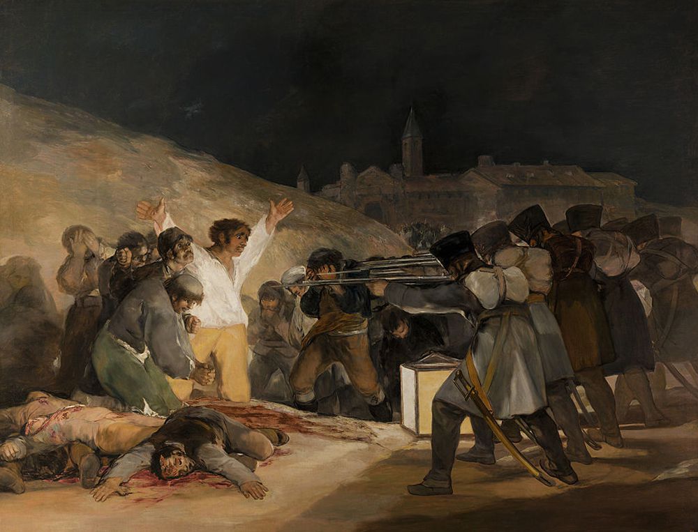 «Третье мая 1808 года в Мадриде», 1814 г. 2 мая 1808 г. оккупировавшие Испанию французы жестокого подавили патриотическое восстание в Мадриде. Подавление мятежа сопровождалось массовыми казнями 2 и 3 мая. После изгнания французов Гойя получил правительственный заказ на две картины, которые должны были увековечить «героические сцены славной борьбы испанцев с тираном Европы». Художник выполнил его в свойственной ему манере, поэтому картины не были оценены по достоинству. Вместо героических фигур и патетических жестов Гойя довольно точно передал атмосферу страшного насилия над людьми.
