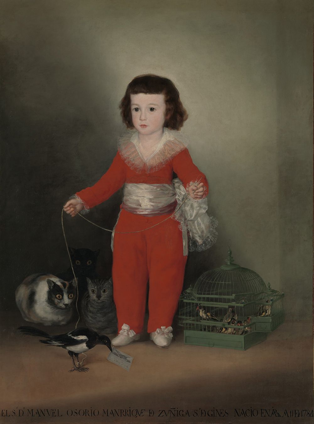 «Дон Мануэль Осорио Манрике де Суньига в детстве». Написана до 1787 года. На полотне изображён мальчик, держащий на привязи сороку, которую подстерегают коты. Птица символизирует любопытство и, возможно, невинность ребёнка. Коты здесь противопоставлены невинности сороки и ребёнка. С правой стороны размещены птицы, заключённые в клетку. Мануэль Осорио скончался в 1792 году, не дожив до 10 лет.