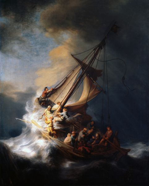 «Христос во время шторма на море Галилейском» (1633). Единственный существующий морской пейзаж Рембрандта. Картина изображает чудо Иисуса, который успокаивает бурю, как это описано в Евангелии. В 1990 году полотно было украдено из музея Изабеллы Стюарт Гарднер в Бостоне.