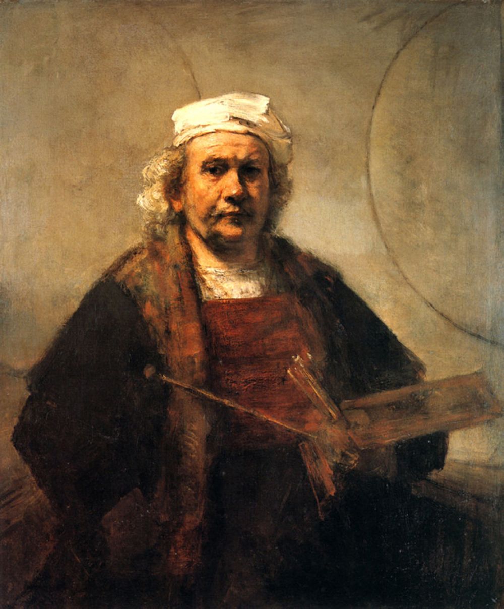 «Автопортрет» (1665). Создавая эту картину, Рембрандт отказался от театральных приемов, свойственных его ранним автопортретам, и изобразил себя очень просто. Значение двух кругов на стене до сих пор не выяснено и остается предметом нескончаемых споров.