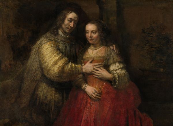 «Еврейская невеста» (1665). Одна из последних и загадочных картин Рембрандта. Название ей дал в 1825 году амстердамский коллекционер Ван дер Ноор, полагавший, что на ней изображен отец, дарящий дочери-еврейке ожерелье на свадьбу. Однако одежда персонажей похожа на старинную, библейскую. Рентгенограмма картины показывает, что первоначально на картине были изображены дополнительные детали, в частности, в руке девушки была корзинка с цветами.